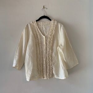 Vintage linen button down top with ruffles